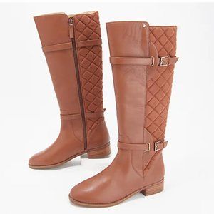 Isaac Mizrahi Live! Wide Calf Quilted Leather Riding Boots in Cognac 7.5 Wide